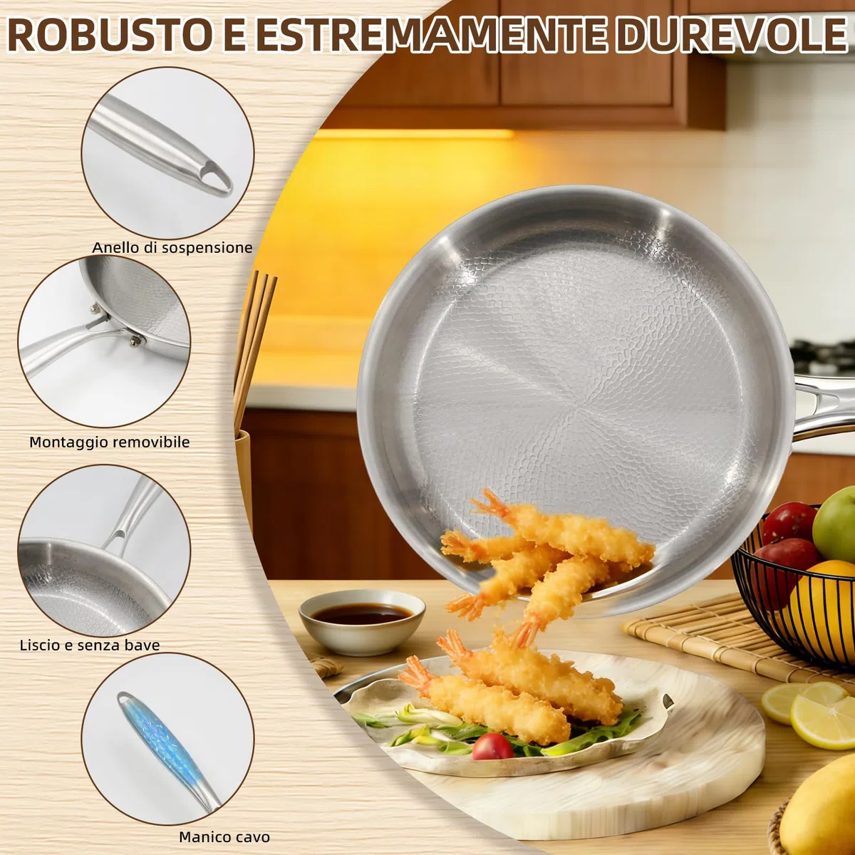 Padella in titanio non rivestita 30 cm, martellata, con coperchio in vetro e spatola – per induzione e fuoco vivo, ideale per cucina e campeggio
