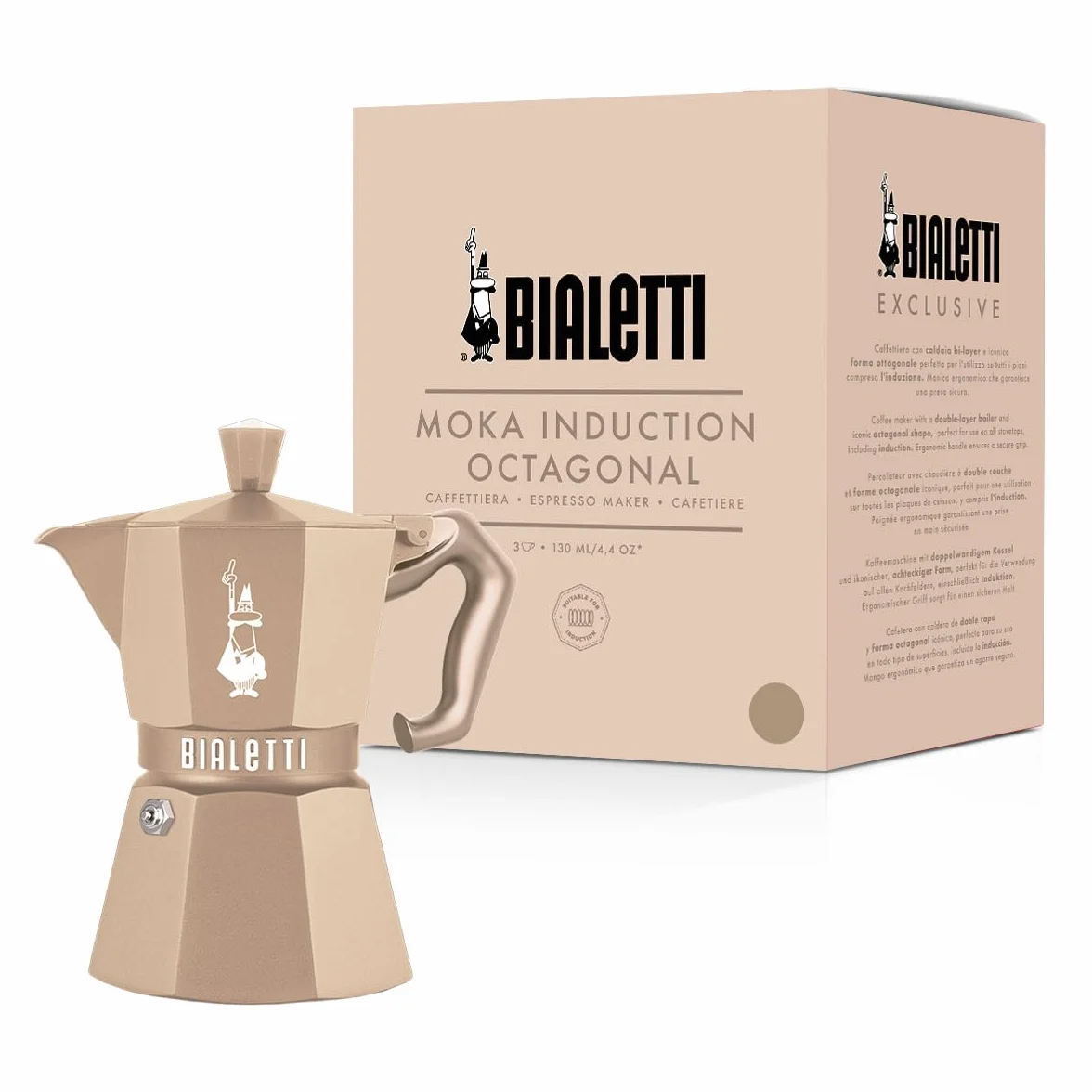 Bialetti Moka Exclusive Octagonal Induction 3 Tazze– Caffettiera Espresso in Alluminio e Acciaio, Desert Sand – Compatibile Gas e Induzione