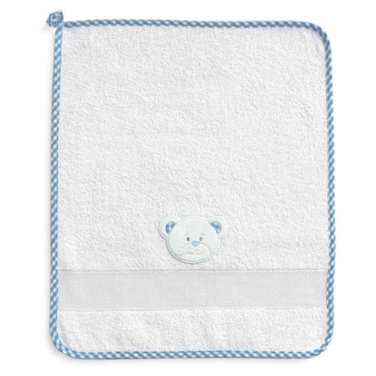Set asilo da ricamare a punto croce, tre pezzi, sacchetto salvietta e bavaglia, Coordinato asilo in spugna bianca con tela aida, punto croce, fantasia quadretto con viso di orsetto (274 Azzurro)