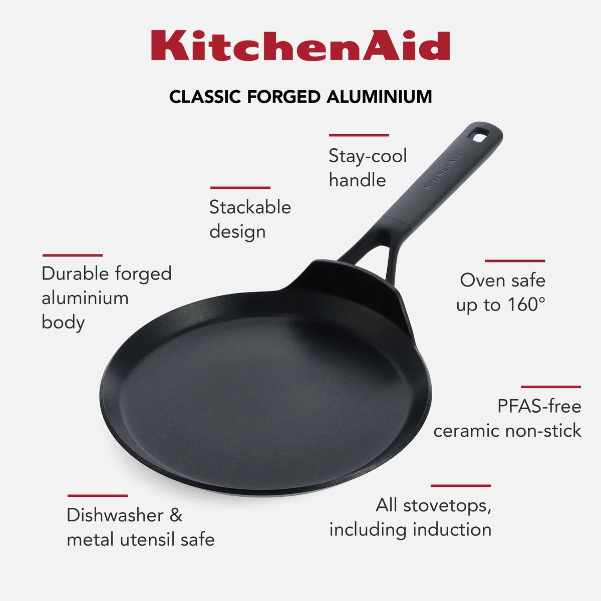 KitchenAid Classic Forged Aluminium Padella Crepes in Alluminio duro anodizzato, Senza PFAS, Ceramica antiaderente, 24 cm, Adatte a Tutti i Tipi di Fornelli, Induzione, Forno e Lavastoviglie, Nero