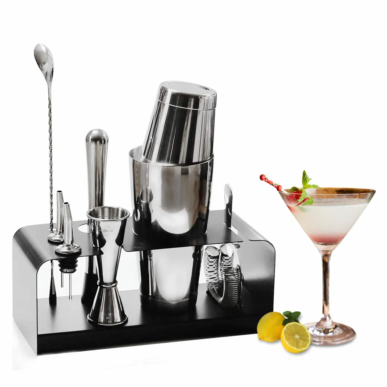 SKY FISH Shaker per Cocktail, Set di Boston Shaker da 8 Pezzi, Kit da Barman Premium con Supporto in Acciaio Inossidabile, Set Completo da Bartending per la Casa