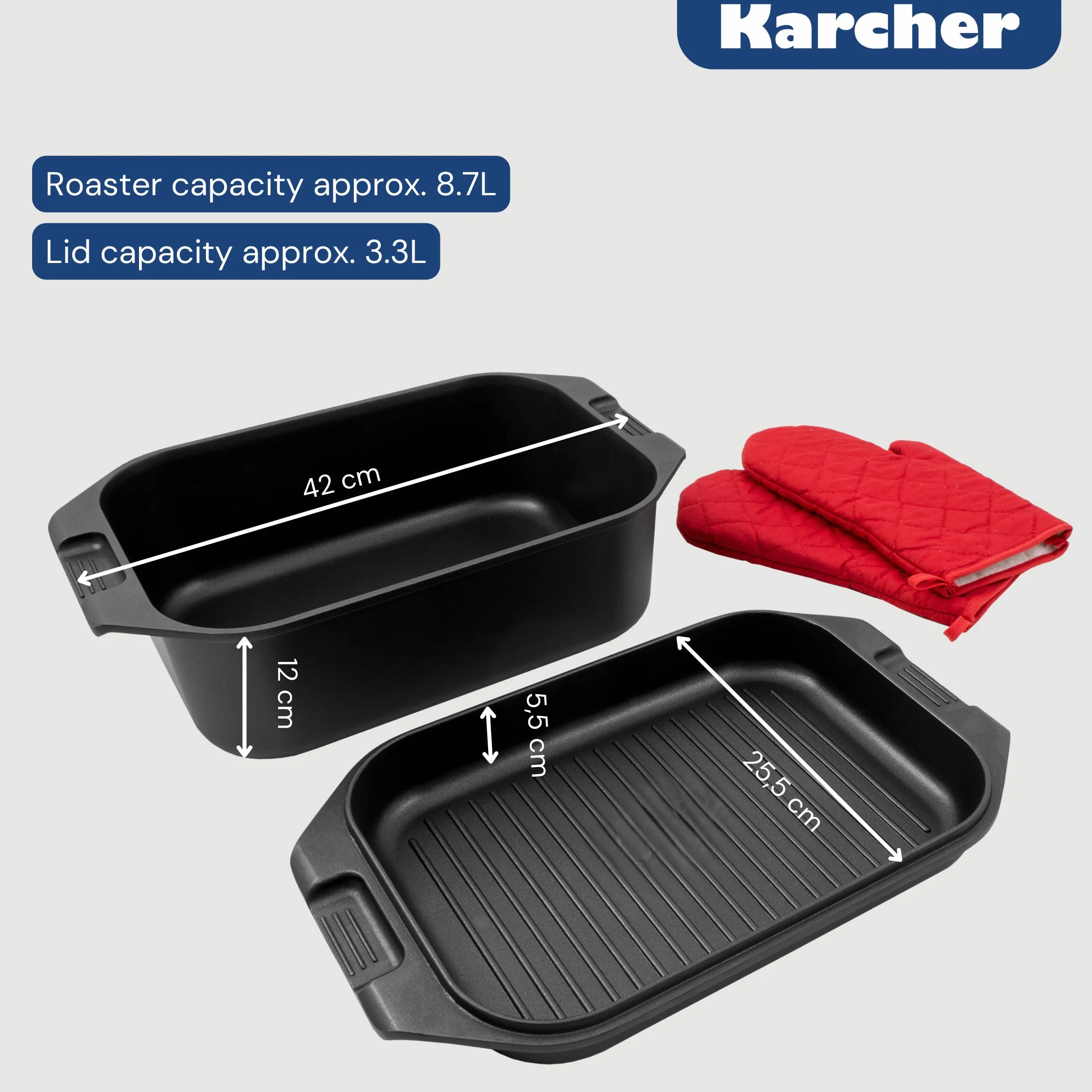 Karcher 121749 Rostiera in alluminio pressofuso 2in1 (8,7 litri, incl. coperchio e guanti da cucina, 41,5 x 25,5 cm) nera