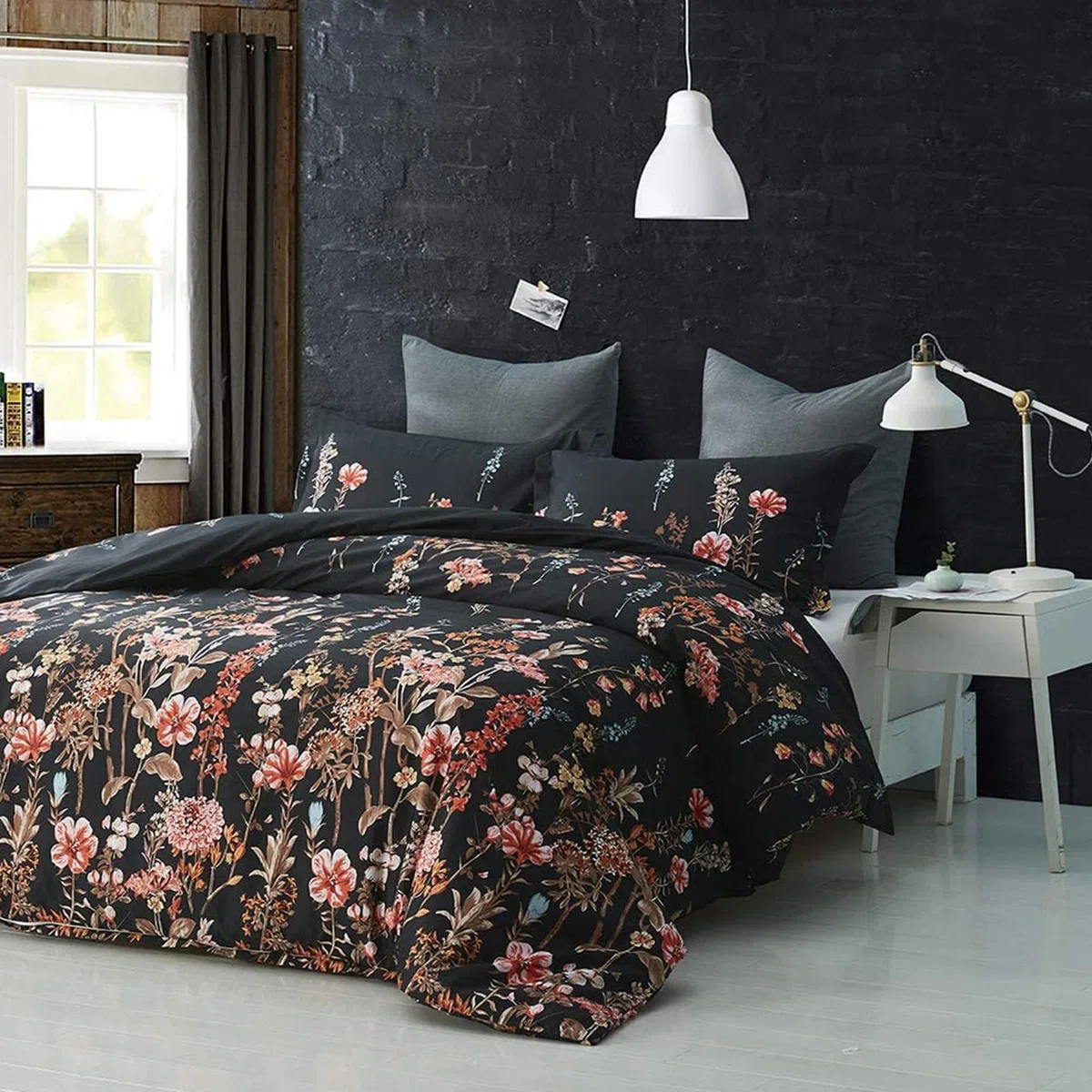 FANSU Copripiumino Matrimoniale 240x220cm - Nero Stampa Fiore Set Parure Copripiumino Matrimoniale in 100% Microfibra 3 Pezzi con 2 Federa(50x75CM) cme Chiusura a Cerniera