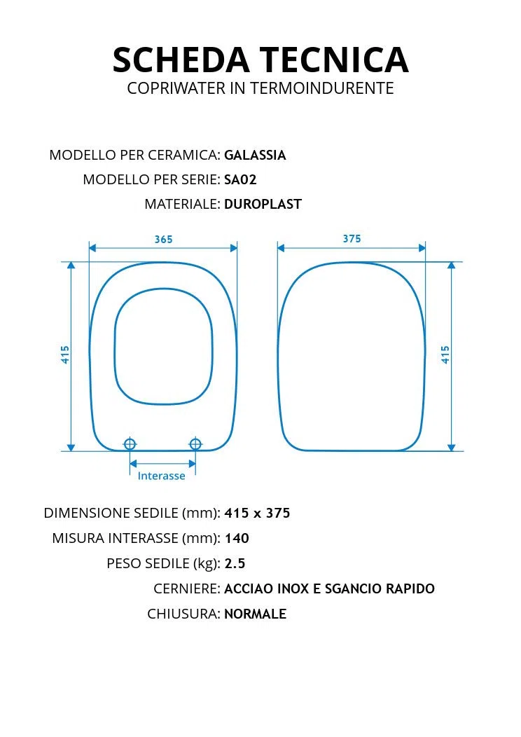 Copriwater per GALASSIA SA02 come ORIGINALE TERMOINDURENTE BIANCO cerniera inox normale