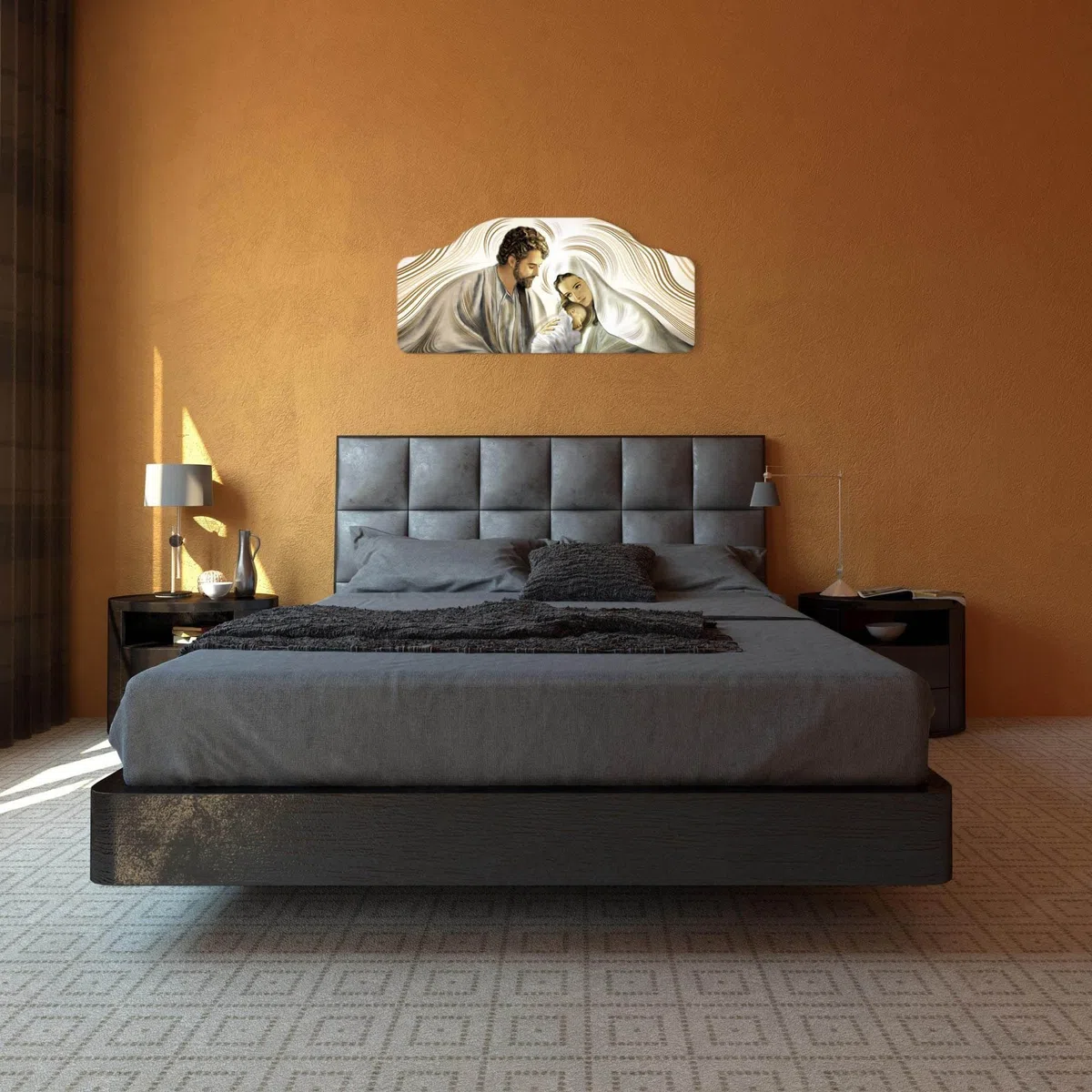 Lupia - Quadro Moderno Capezzale Nativity Brown Sacra Famiglia, Stampa su Legno, Artigianale 100% Made in Italy, Multicolore, 42 x 92 cm, Legno