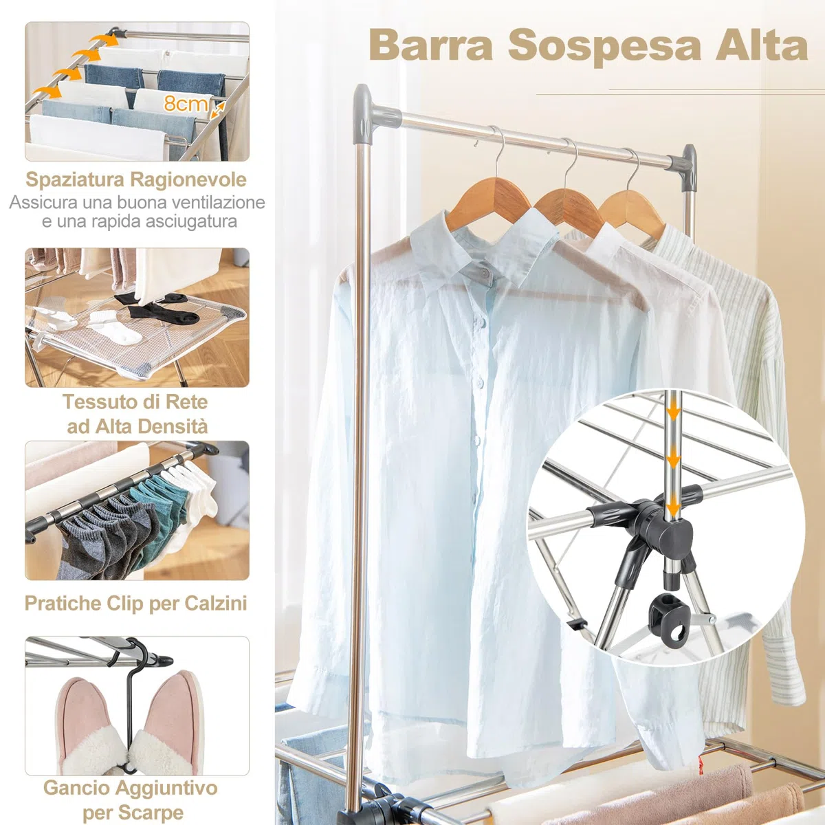 COSTWAY Stendibiancheria da Pavimento Pieghevole, Stendino a 2 Piani con Barra per Appendere, Ala Regolabile in Altezza, Clip per Calzini, Gancio per Scarpe, Stendibiancheria per Interno ed Esterno
