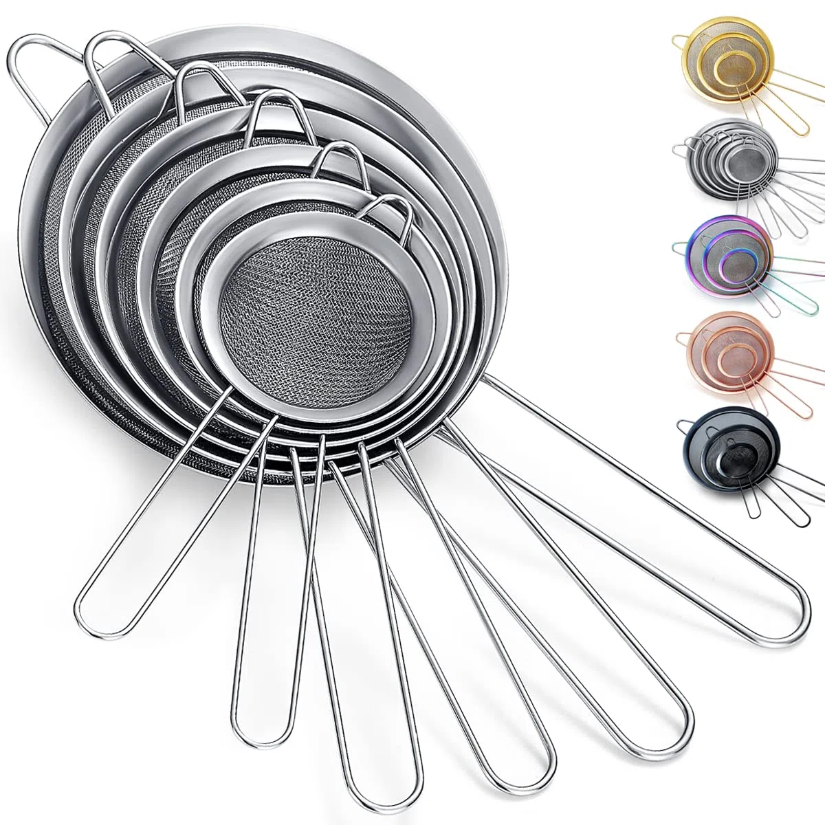 Kyraton Set da 6 colino a maglia fine, setaccio per farina da forno, colino in acciaio inossidabile, colino per tè matcha, separatore per sugo, colino per pasta stasher