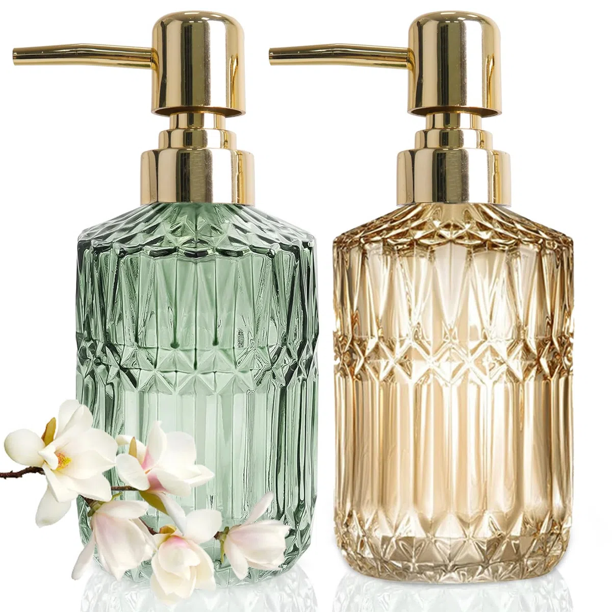 Dispenser Sapone Bagno Vetro, 390ml Dispenser Sapone Vetro Oro e Verde, Elegante Vintage Dispenser Sapone Liquido da Bagno, Set da 2