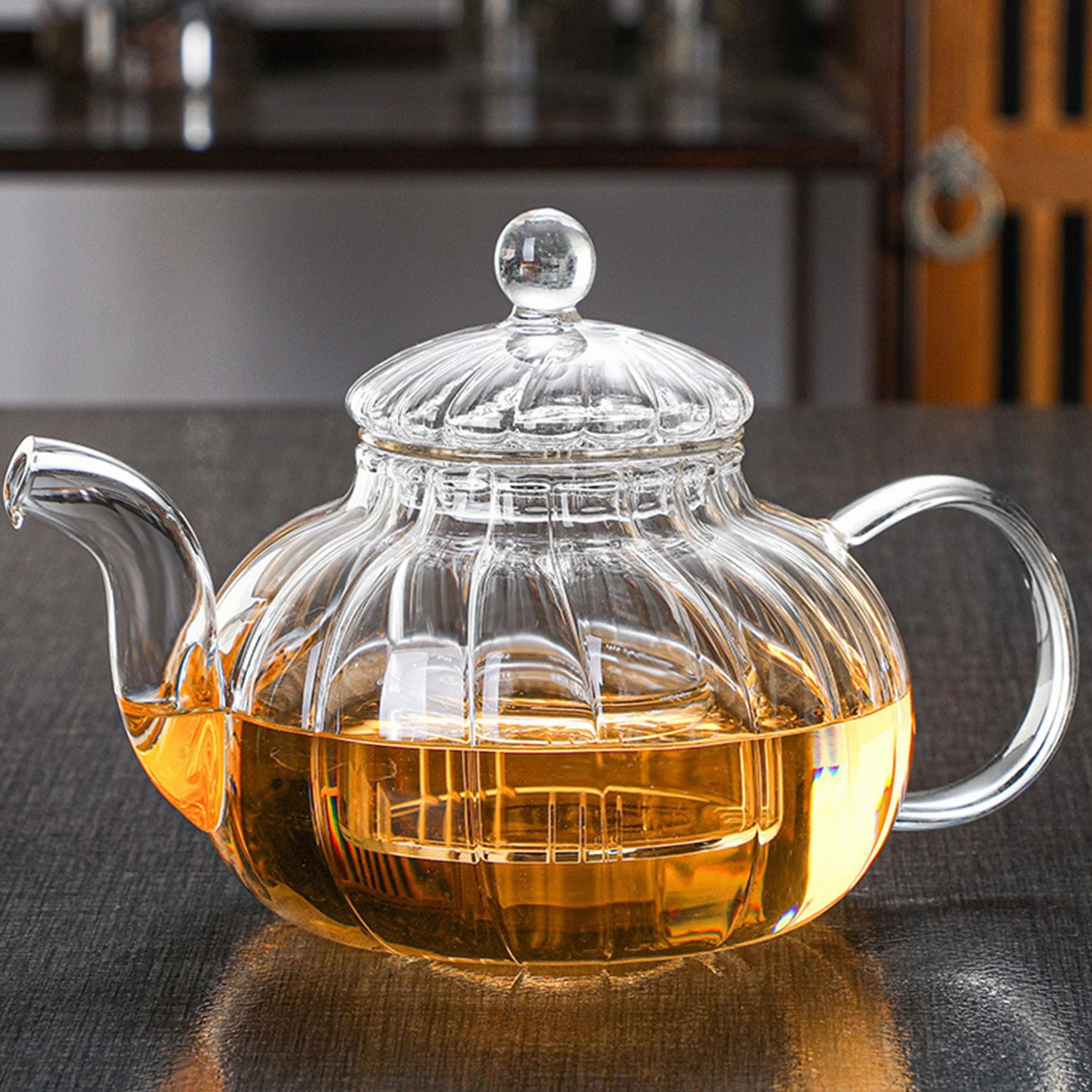 YUEMING Teiera in vetro a righe a forma di zucca, set da tè con filtro da 600 ml