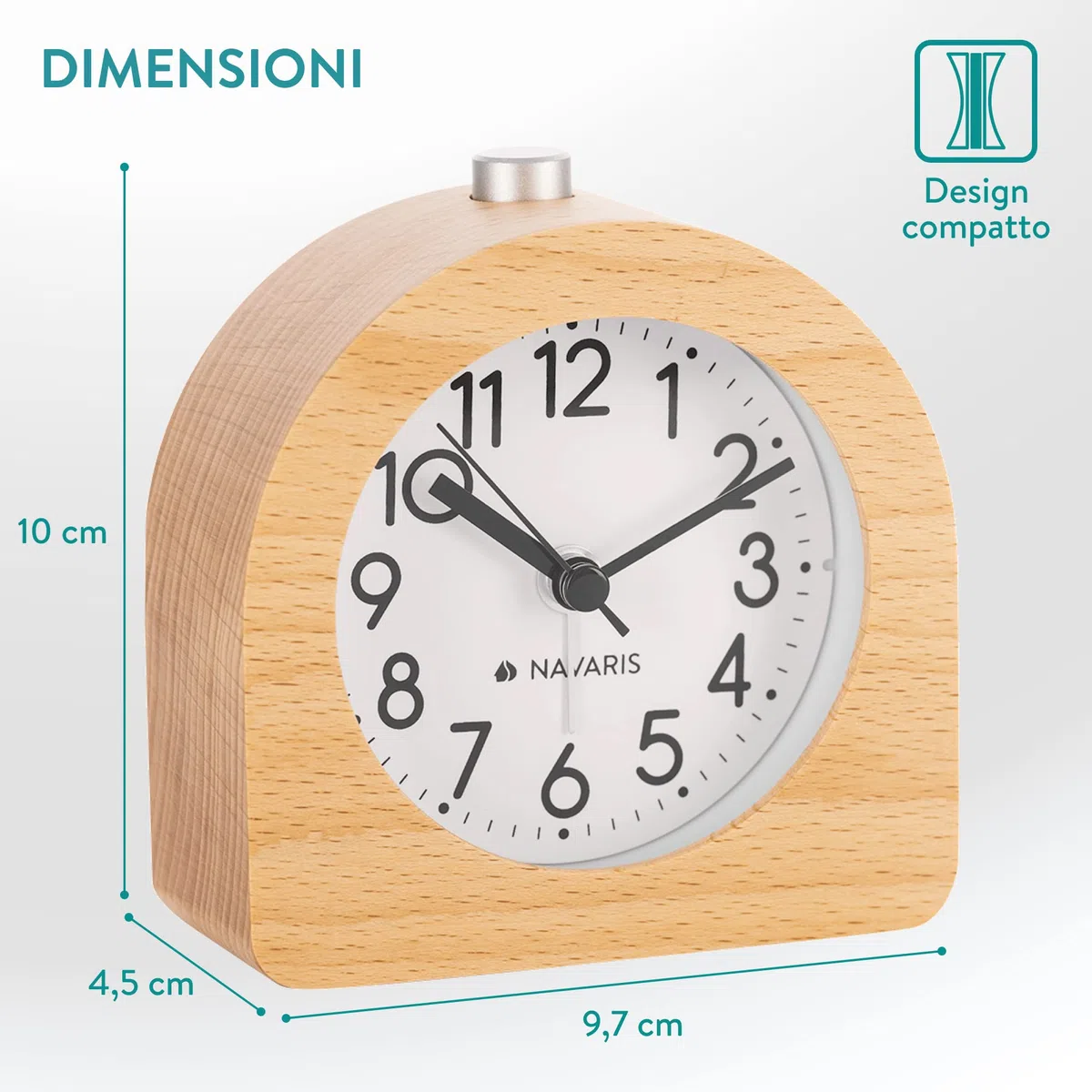 Navaris Orologio Sveglia da Comodino Analogica - Sveglia Analogica Silenziosa in Legno - Orologio da Tavolo Analogico Vintage - Sveglietta Comodino Meccanica con Funzione Snooze - Marrone Chiaro