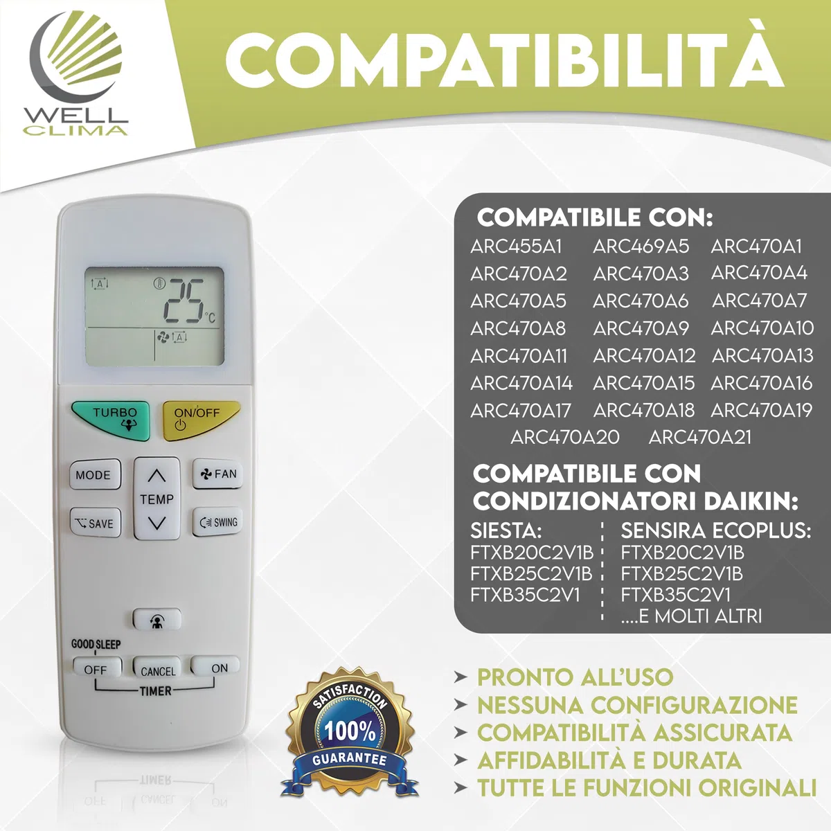 Wellclima telecomando ARC470A1 per condizionatore compatibile con Daikin e Siesta serie ARC470** (A1, A2, A3, A4?.. A21) con ARC455A1, ARC469A5 | per climatizzatore, pompa di calore, inverter