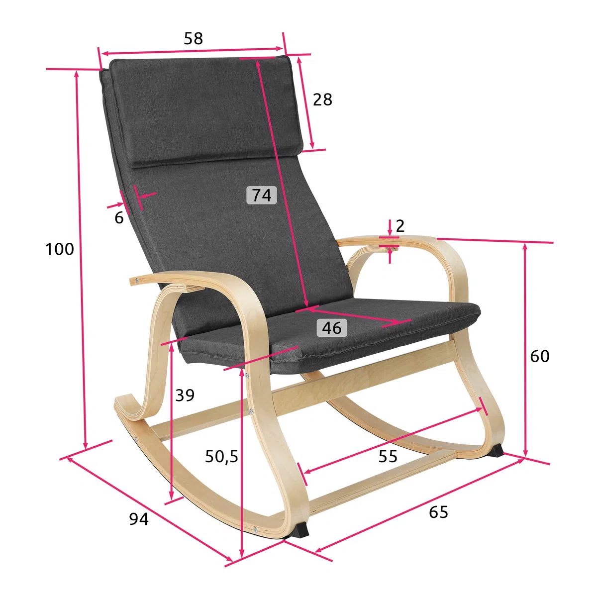tectake® Poltrona a Dondolo in Legno di Betulla per Arredamento Casa e Veranda, Sedia a Dondolo con Braccioli e Cuscino, Poltrona Dondolo Design Scandinavo, Capacità Fino a 150 kg -Grigio Scuro