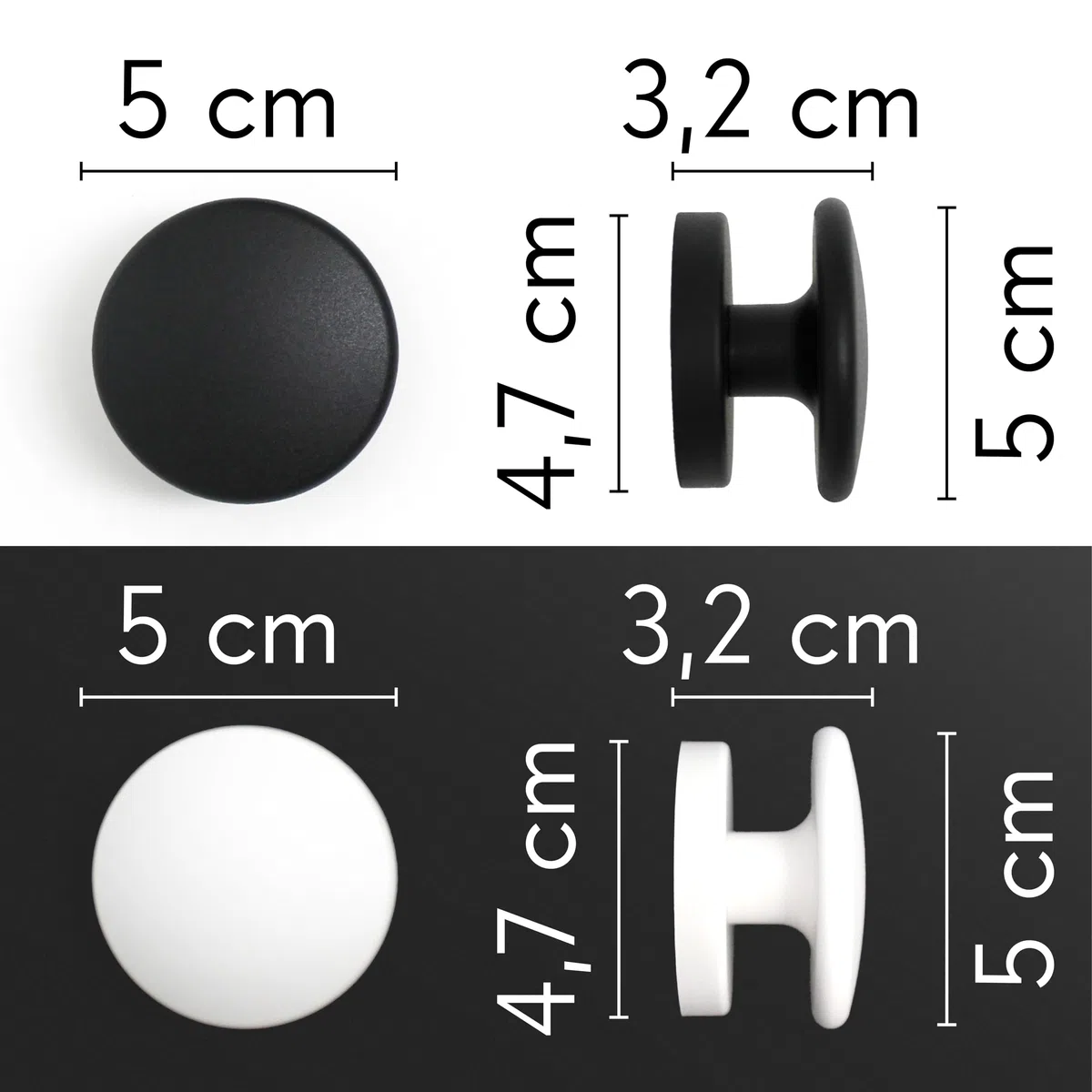 KalaMitica - Set 2 Appendi Cappotto e Appendi Borse Magnetici Piccoli, con Magnete permanente al Neodimio, Antiscivolo e Antigraffio - Bianco Laccato/Nero Laccato