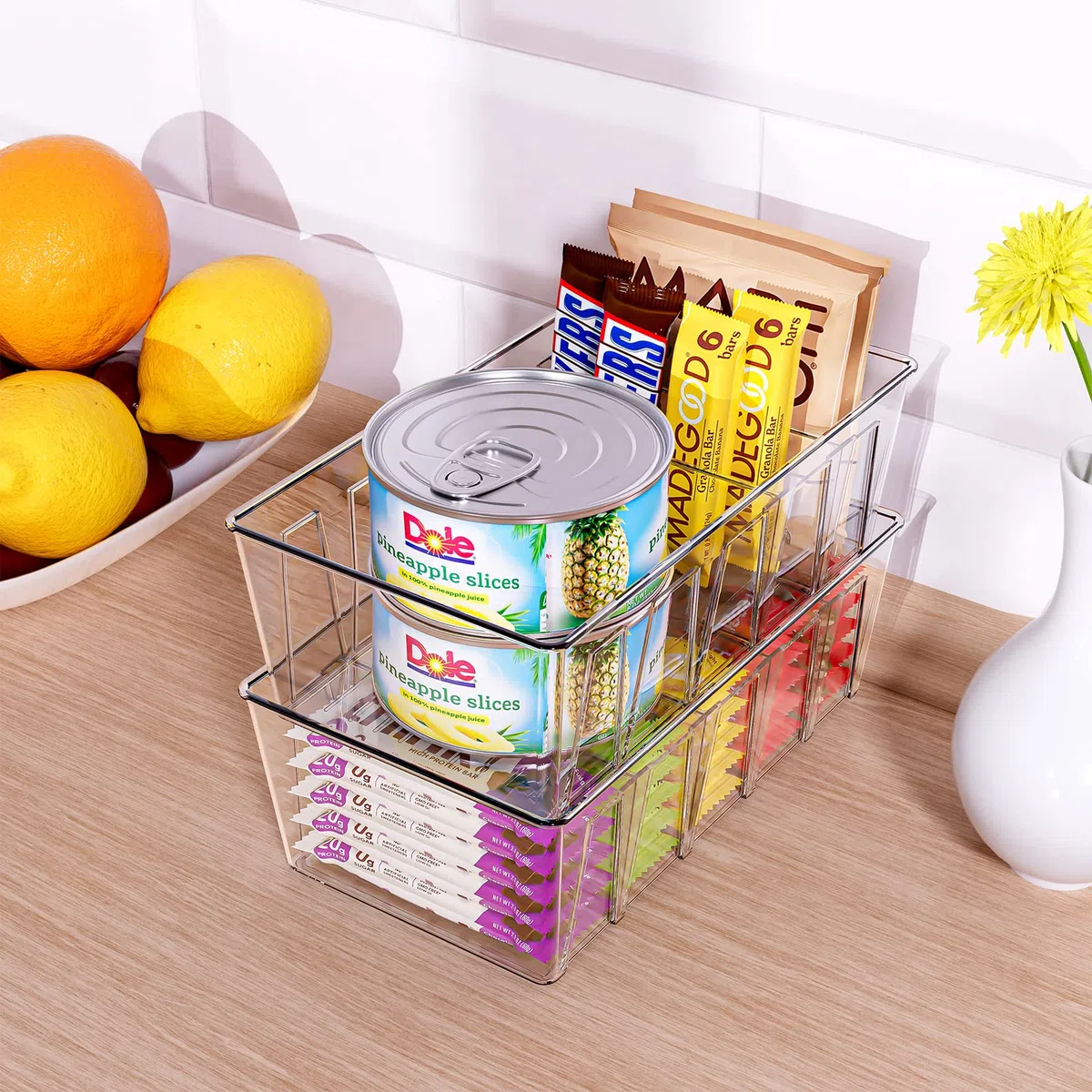 Puricon Confezione da 4 contenitori dispensa, cucina, frigorifero, piano lavoro, impilabili, plastica trasparente, divisori rimovibili, 5 scomparti snack