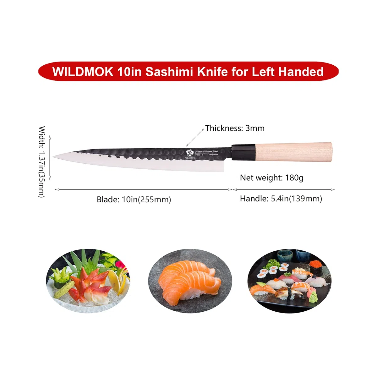 WILDMOK Sushi Sashimi Coltello 25,5 cm con Acciaio Inossidabile Tedesco Yanagiba Chef Coltelli da Cucina per Taglio a Mano Sinistra Sushi, Filetto di Pesce e Affettatura Vegetale