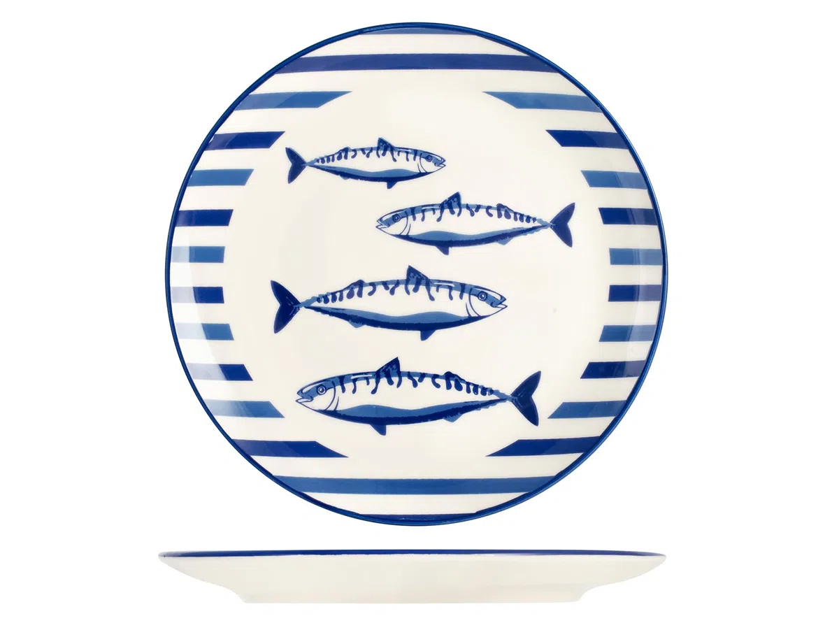 H&H Puerto Servizio Tavola 18 Pezzi in Stoneware – Set Piatti Decorati Blu e Azzurro con Motivo Pesce – Lavabile in Lavastoviglie, Perfetto per Estate, Case al Mare e Cene a Tema