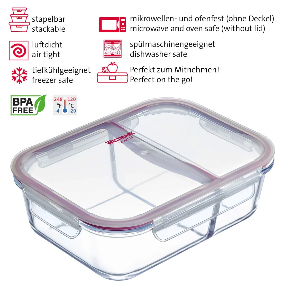 Westmark Contenitore salva-freschezza in vetro, Due sezioni, Tappo ermetico, Capacità: 1380 ml, Adatto per microonde, freezer e forno, Senza BPA, Vetro/Plastica/Silicone, Trasparente/Rosso, 234522E1