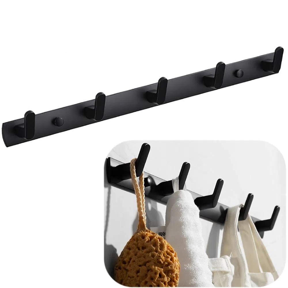 Gancio Porta Asciugamani, Appendiabiti a Muro con 5 Ganci, Supporto Appendiabiti Nero Moderno 17,7 x 1,3 pollici