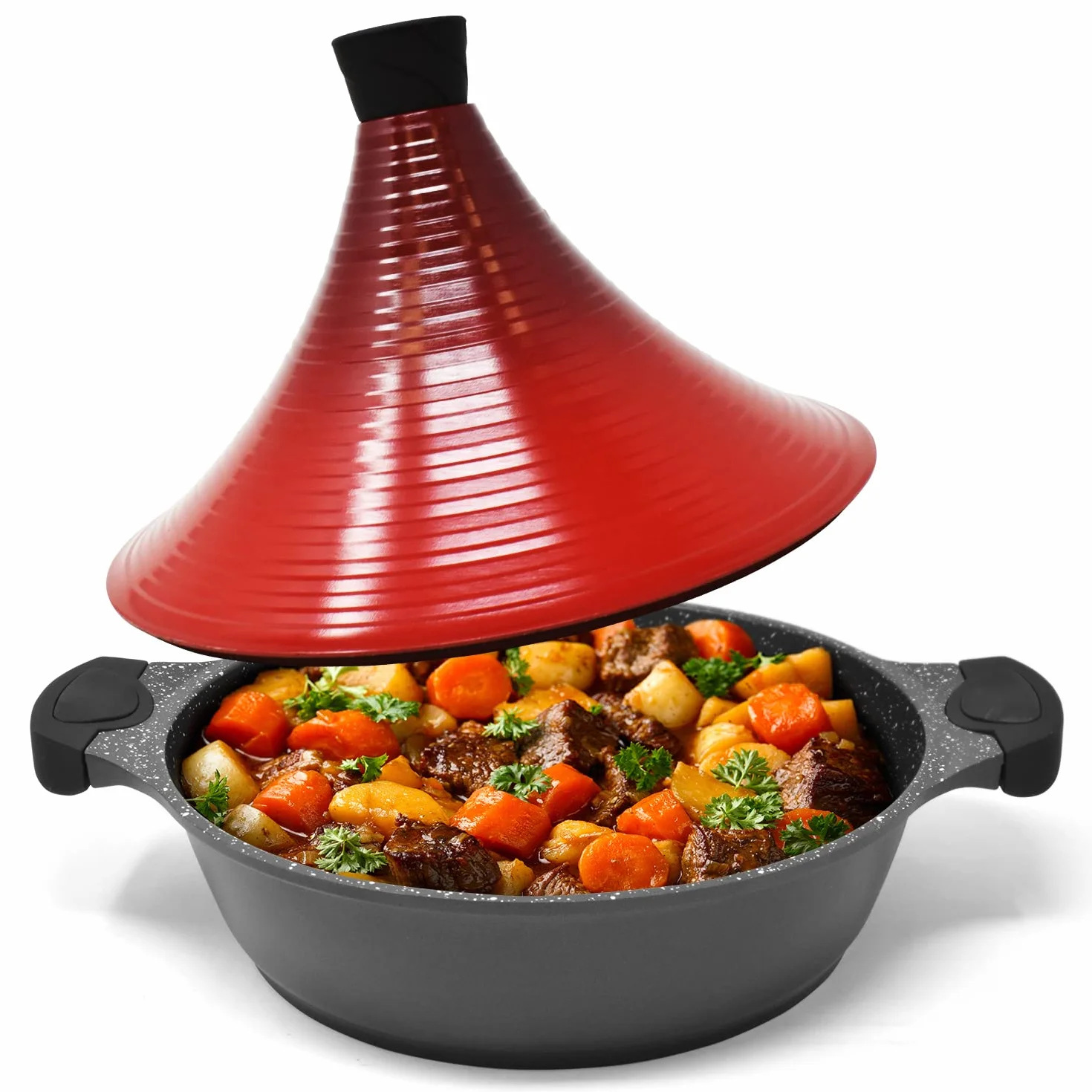Joeji's Kitchen Tagine Marocchino Antiaderente 28cm - Pentola Tajine e Coperchio Conico - Induzione - Facile da Pulire - Cibi Saporiti e Teneri Slow-Cooked Agnello Maiale Pollame Pesce