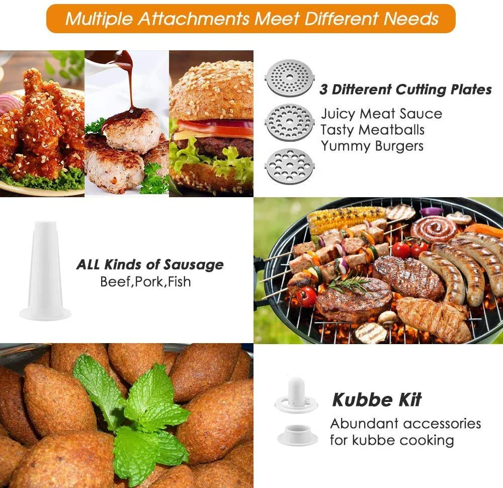 Tritacarne Elettrico Professionale 2000W con Insaccatrice e Accessorio Biscotti | Macina Carne con 3 Dischi per Carne Macinata, Salsicce, Kibbe e Biscotti - Qualità Professionale per Casa