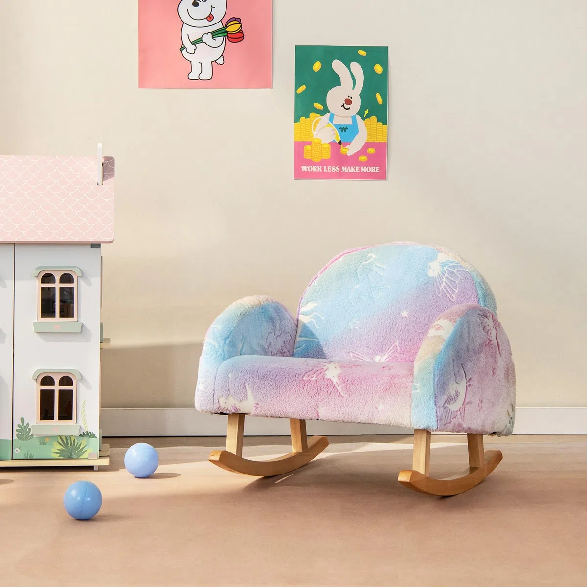 GYMAX Sedia a Dondolo per Bambini, Divanetto Brillante al Buio, Poltroncina Imbottita in Flanella con Gambe in Legno Massello, per Camera da Letto, Sala Giochi, Asilo Nido, 3-5 Anni