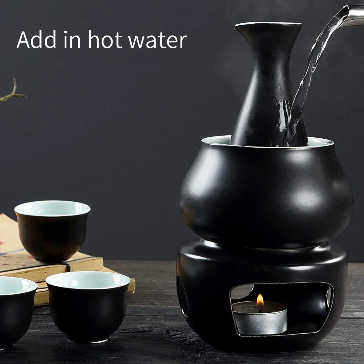 LOUTYTUO Set di Sake in Ceramica + Vassoio in bambù con pentola più Calda, Bevanda saki Calda in Ceramica sicura per Stufa, Confezione Regalo da 10 Pezzi