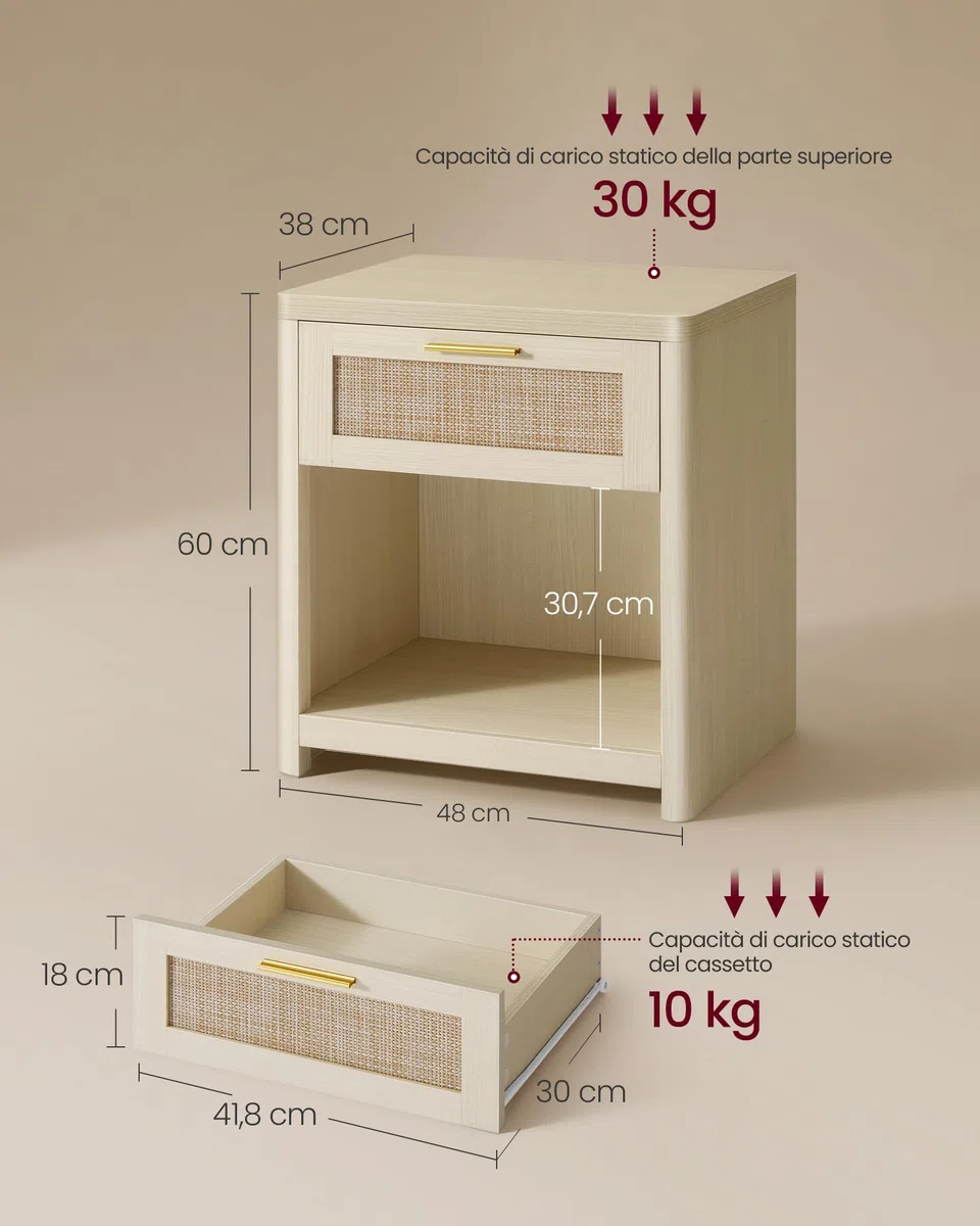 VASAGLE ELLAN Collezione - Comodini Boho con Cassetto Effetto Rattan, Set di 2, Tavolini con Scomparto Aperto, Angoli Arrotondati, Camera da Letto, Beige Naturale LET818LC01
