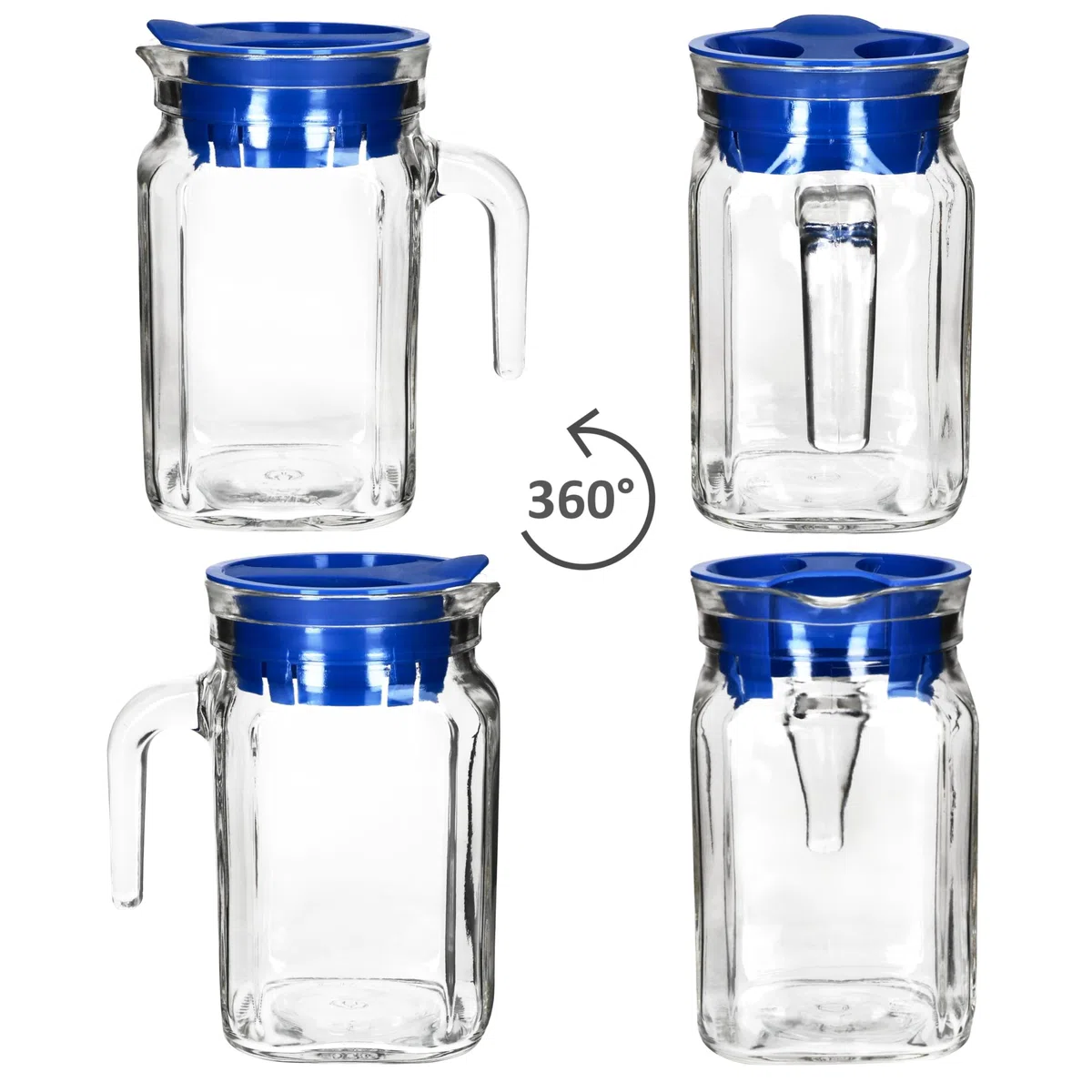 MamboCat Kora Set di 2 brocche per frigorifero con coperchio in plastica blu, 0,5 litri, caraffa quadrata in vetro con beccuccio e manico per tè freddo, acqua, succhi di frutta, latte & Co.