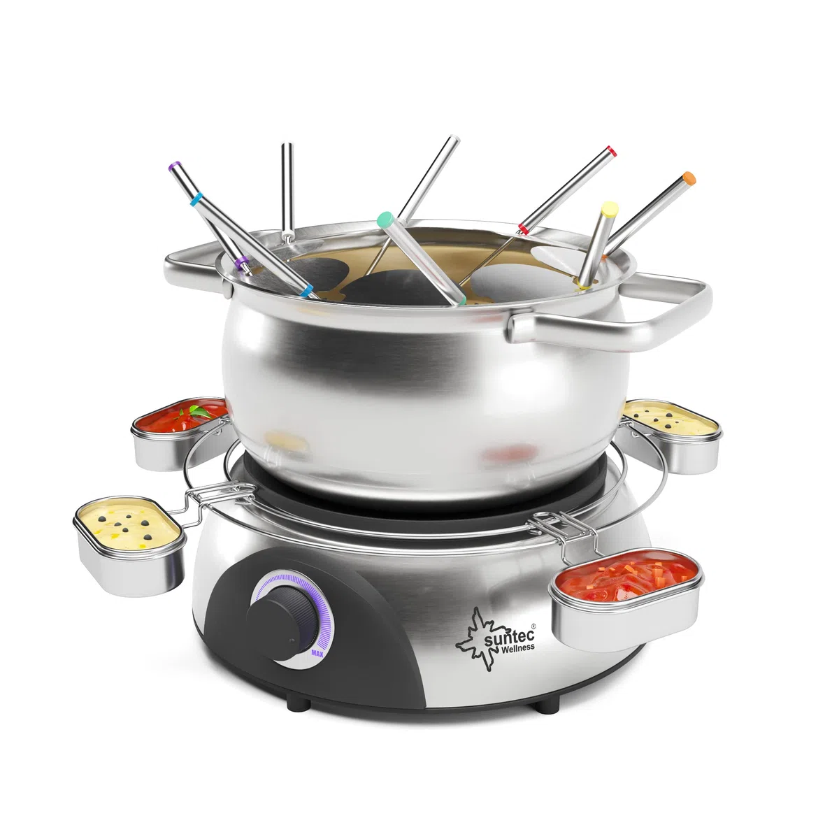 SUNTEC Fondue elettrica Fino a 8 Persone – Forchette + paraspruzzi + Supporto per Salse – Alternativa alla raclette – Pentola per Formaggio + Cioccolata + Grasso – Set in Acciaio Inox FON-8014 V2A