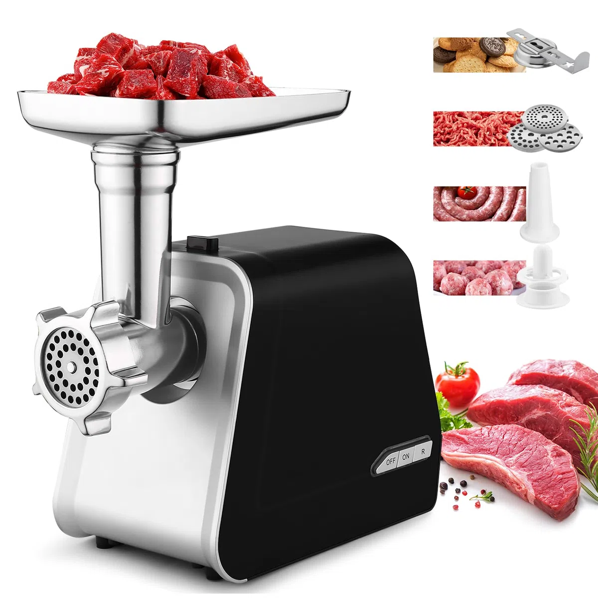 Tritacarne Elettrico Professionale 2000W con Insaccatrice e Accessorio Biscotti | Macina Carne con 3 Dischi per Carne Macinata, Salsicce, Kibbe e Biscotti - Qualità Professionale per Casa
