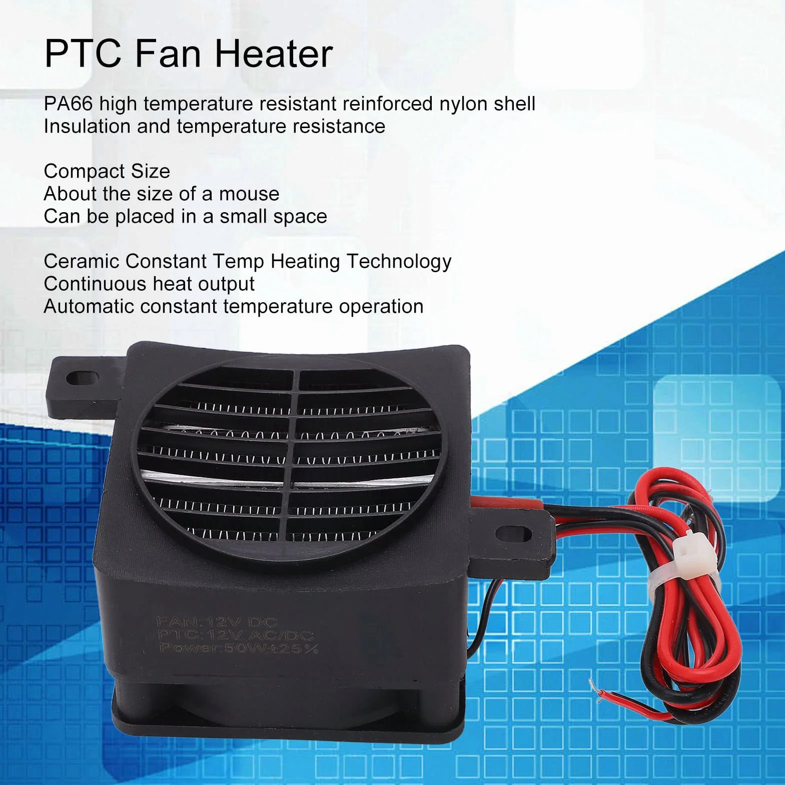 Mini Termoventilatore PTC, 12 V 50 W ± 25%, Riscaldamento Rapido Ed Efficiente, Design Compatto, Resistente Alle Alte Temperature, con Tecnologia di Riscaldamento Termostatico in
