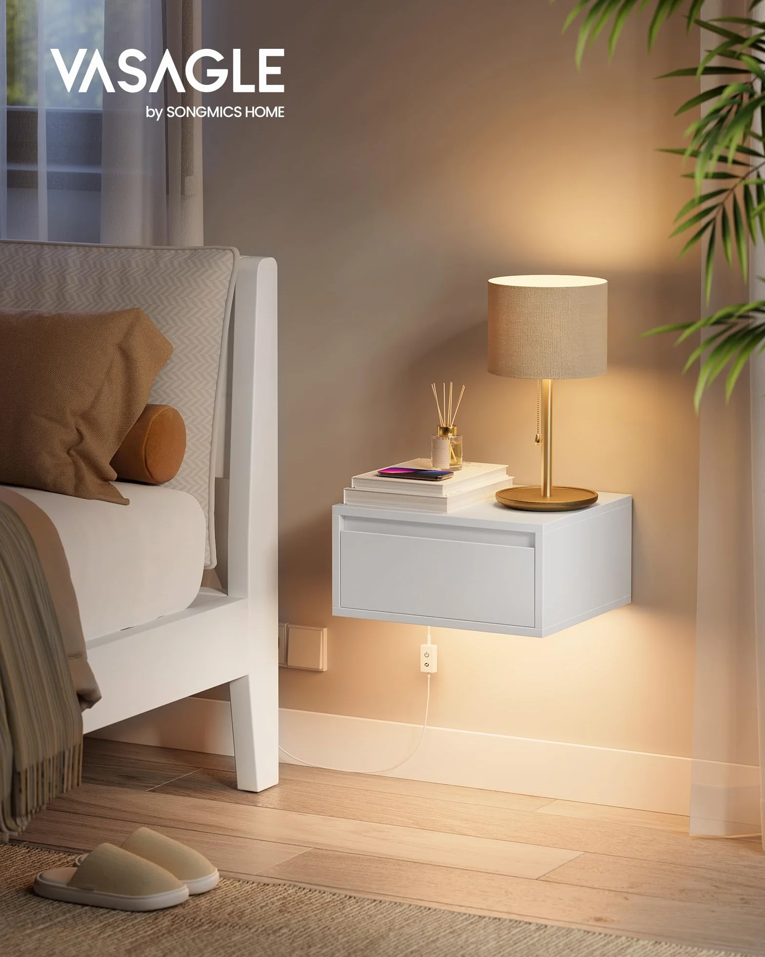 VASAGLE KAILYN Collezione - Comodino Pensile, Set di 2 Comodini Sospesi, Luce Regolabile, Cassetto, Mensola da Parete, 35 x 40 x 18 cm, Moderno, Camera da Letto Soggiorno, Bianco Nuvola LET854W01