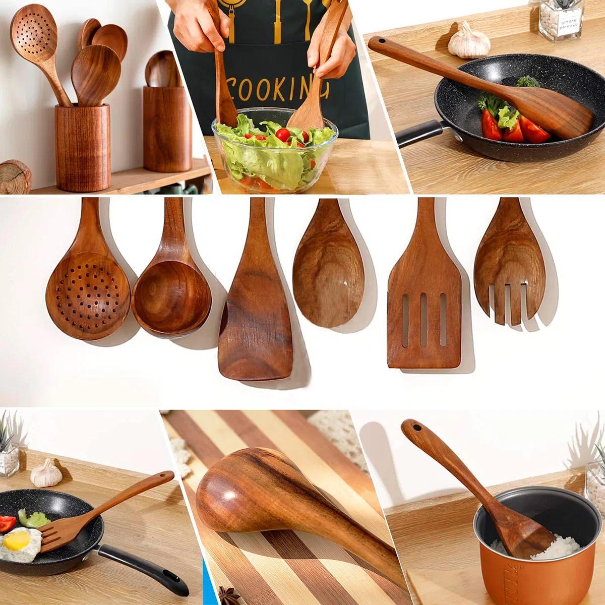 Cucchiai in legno per cucinare, 7 utensili da cucina in legno di teak, set di utensili da cucina in legno di legno, spatola in legno per cucinare