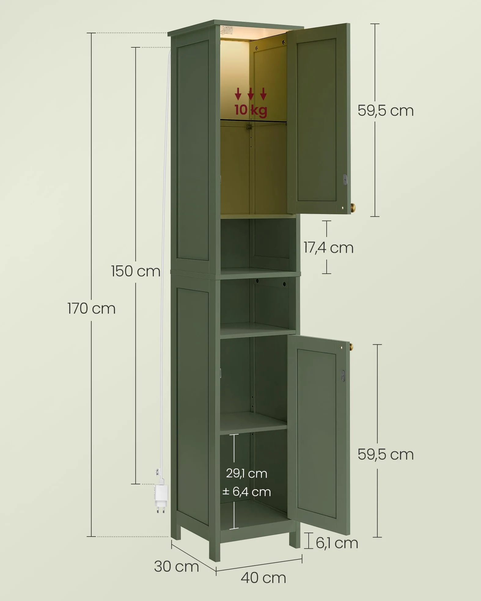 VASAGLE Mobile da Bagno con Luce, Mobiletto da Bagno Salvaspazio, Armadietto da Bagno a Colonna con Ripiani Regolabili, Largo 40 cm, per Piccoli Spazi, Moderno, Verde Foresta BBC766CH03