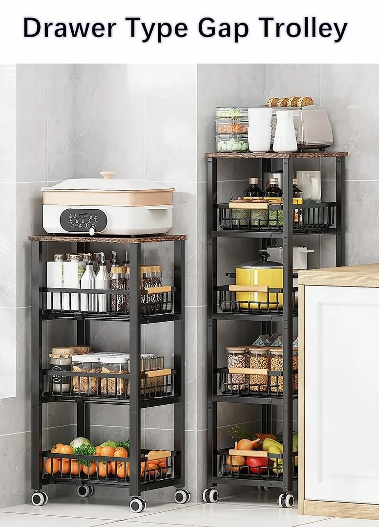Cesti di Filo di Metallo con Ruote, Contenitore impilabile Cucina Organizzatore Scaffale, Vassoio multistrato di frutta e verdura rack indipendente con cassetto scorrevole estraibile