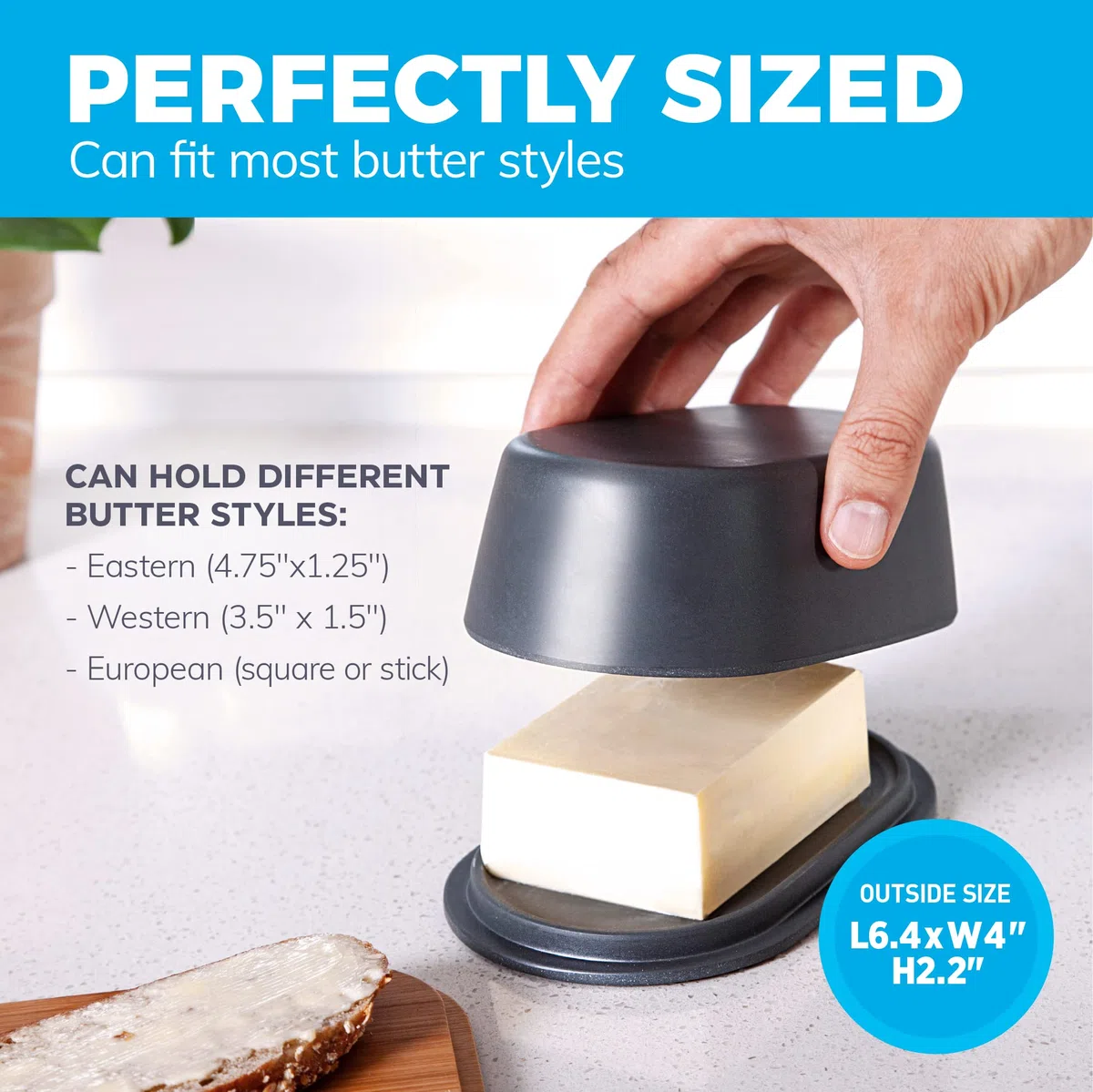 Burro moderno grigio scuro con coperchio, lavabile in lavastoviglie, misura perfetta per grandi burri in stile europeo