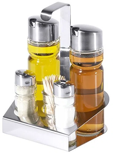 Menage, 5 pezzi, in acciaio inox 18/0, con superficie liscia Inserti in vetro per aceto e olio, Stuzzicadenti, sale & pepe/14 x 11 x 19 cm | erk