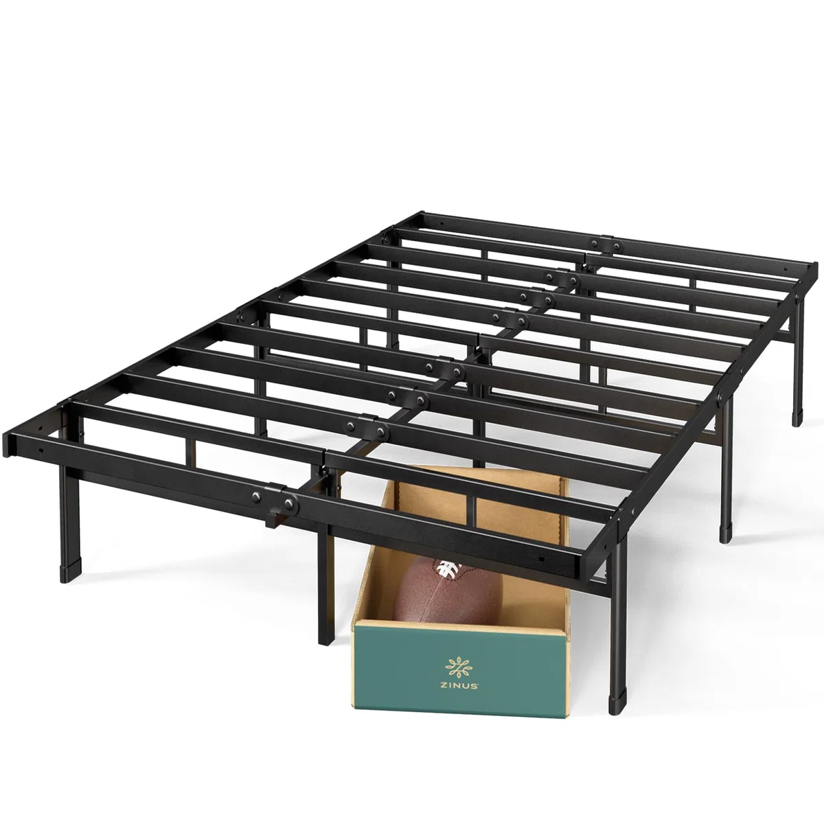 Zinus Justin Rete Matrimoniale 160x190 cm - Struttura Letto con Doghe in Metallo Incluse - Altezza 36 cm con Spazio Sottostante - Facile da Montare - Nero