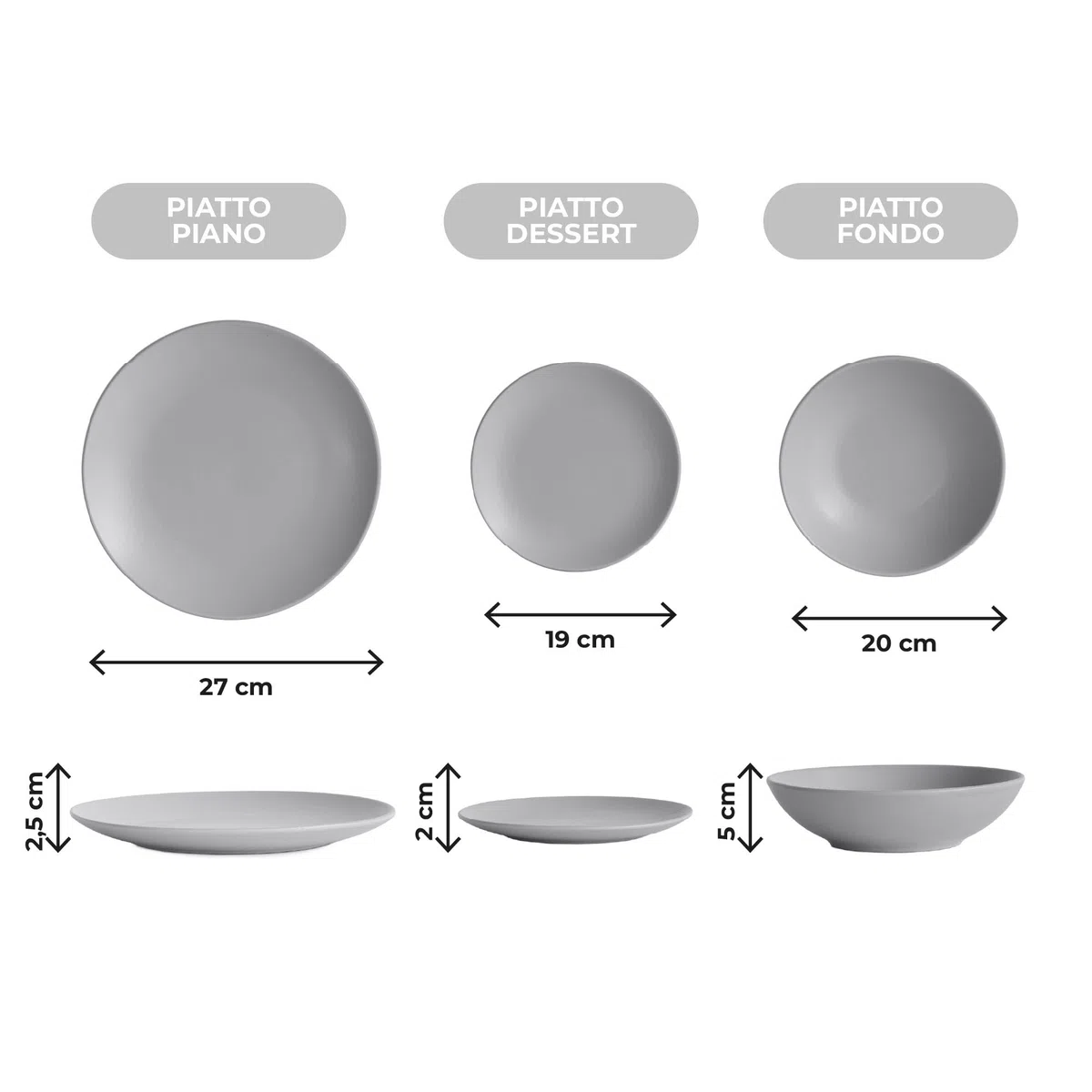 IlGruppone 18 Piatti, 6 Coperti Completi - Servizio da Tavola in Gres Porcellana Smaltato, Piatti con Certificazione Contatto Alimentare per Microonde e Lavastoviglie - Design Moderno, Grigio