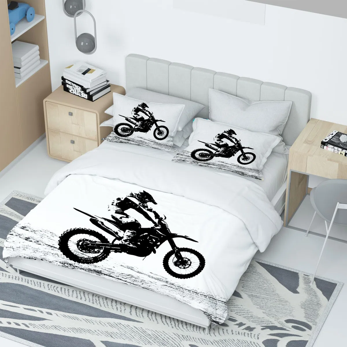 Copripiumino Moto 135 x 200 cm,3D Set di Biancheria da Letto a Tema Moto,con 2 federe da 50 x 75 cm, per adulti e bambini (Motocross-b, 135 x 200 cm)
