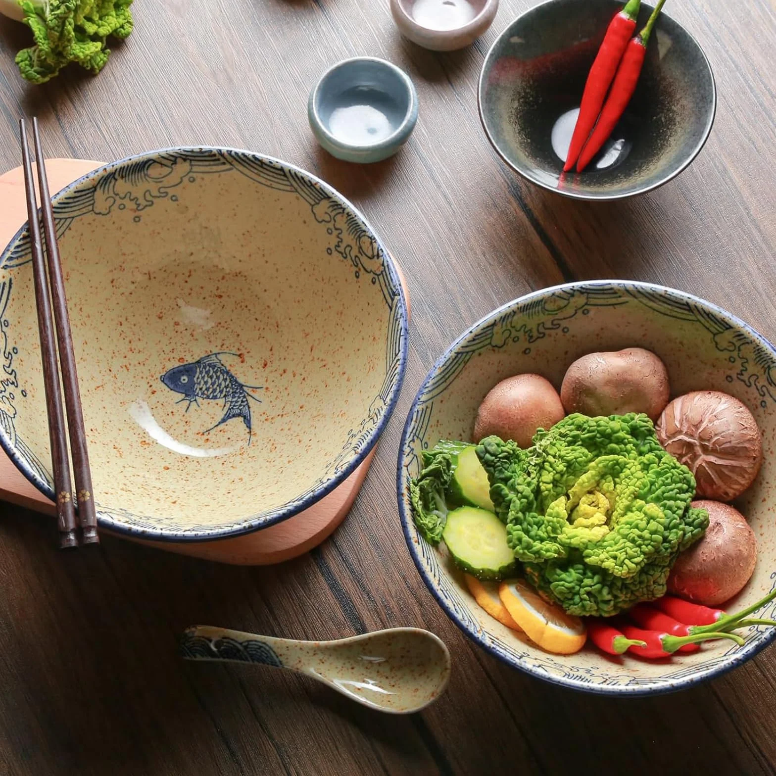 2 Set Ciotola per Ramen in Ceramica 1200 ml, Set di Ciotole per Ramen 1200 ml, Grande Ciotola Zuppa Noodles Giapponese, con Bacchette e Cucchiaio, per Zuppa di Ramen, Pasta, Macedonia, Riso