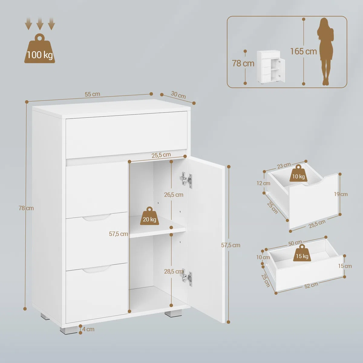 Hzuaneri Mobile Bagno, 4 Cassetti e 1 Anta, Ripiani Regolabili, Grande Capacità di Stoccaggio, Moderno, per Soggiorno o Bagno, Dimensioni, 30 x 55 x 82 cm, Bianco SC05503X