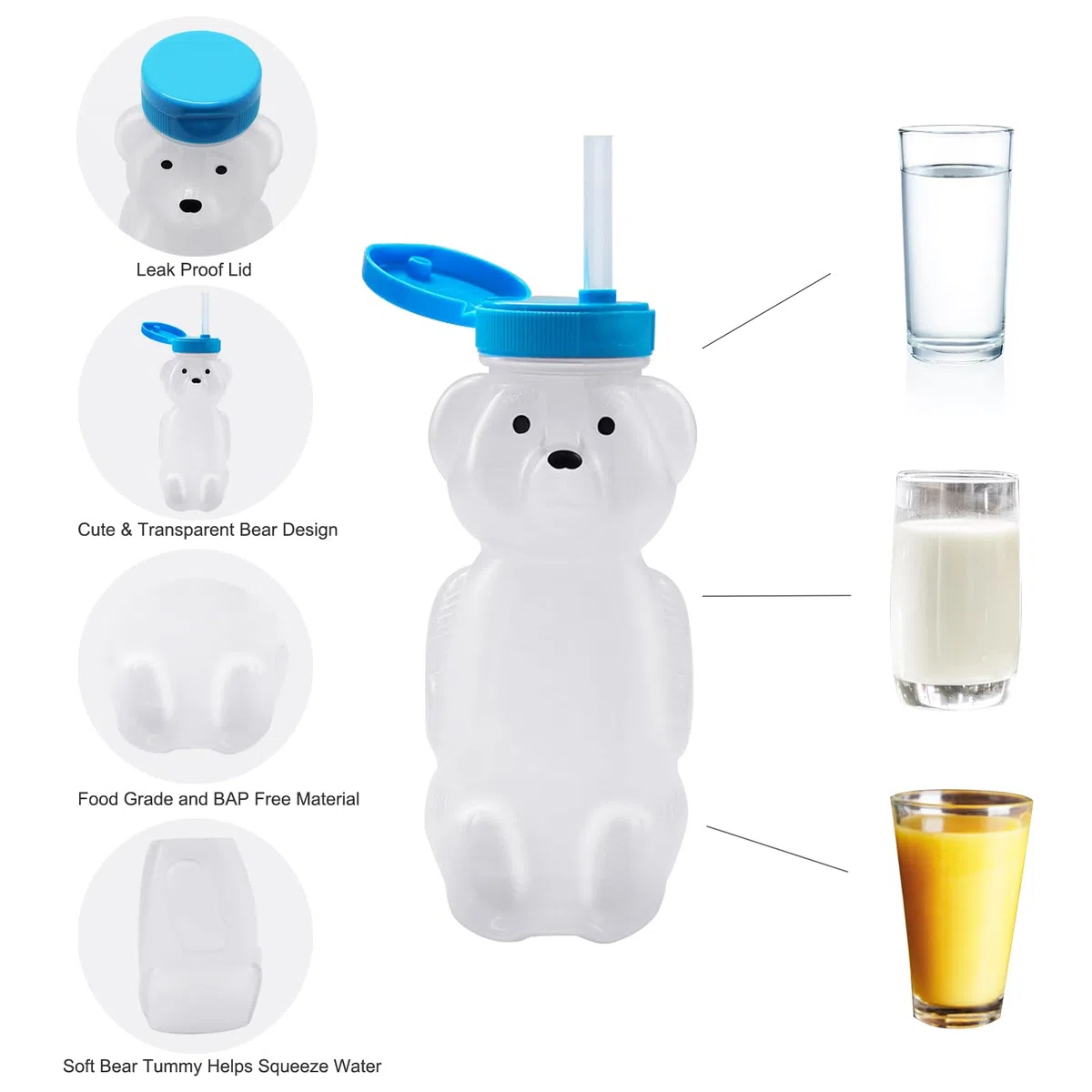 Confezione da 2 bicchieri con cannuccia a forma di orso, spremibili, riutilizzabili, per uso alimentare e senza BPA, contenitori per bevande terapeutiche e bisogni speciali, con 2 cannucce e