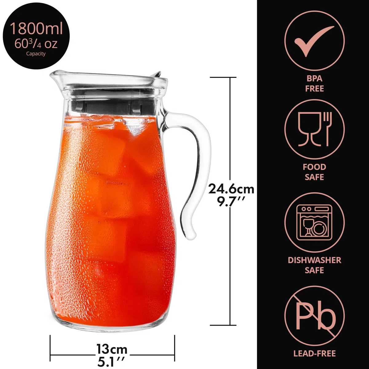 Homiu Brocca per acqua in vetro da 1,8 l, brocca in vetro con coperchio, caraffa in vetro con coperchio, caraffa per tè freddo, acqua calda, fredda, vino, caffè, latte e succhi di frutta, caraffa per