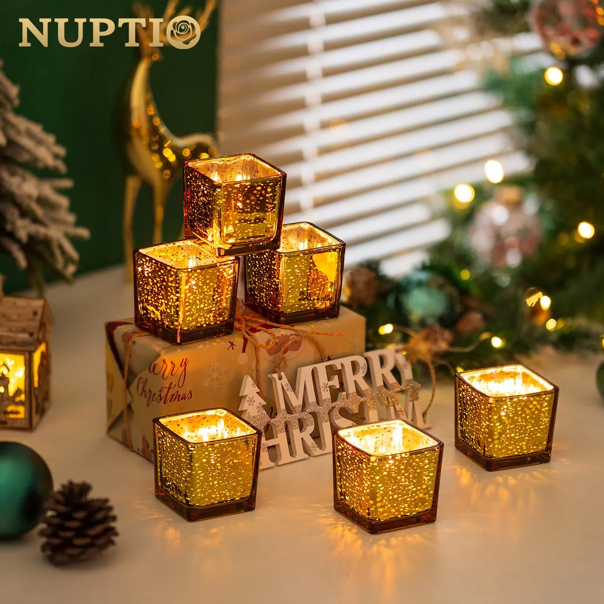 Nuptio Portacandele Oro 24 Portacandele Votive di Vetro Sfuse, Piccole Candele Galleggianti Quadrate per Camera da Letto, Soggiorno, Matrimoni, Ricevimenti, Centrotavola, Feste di Compleanno