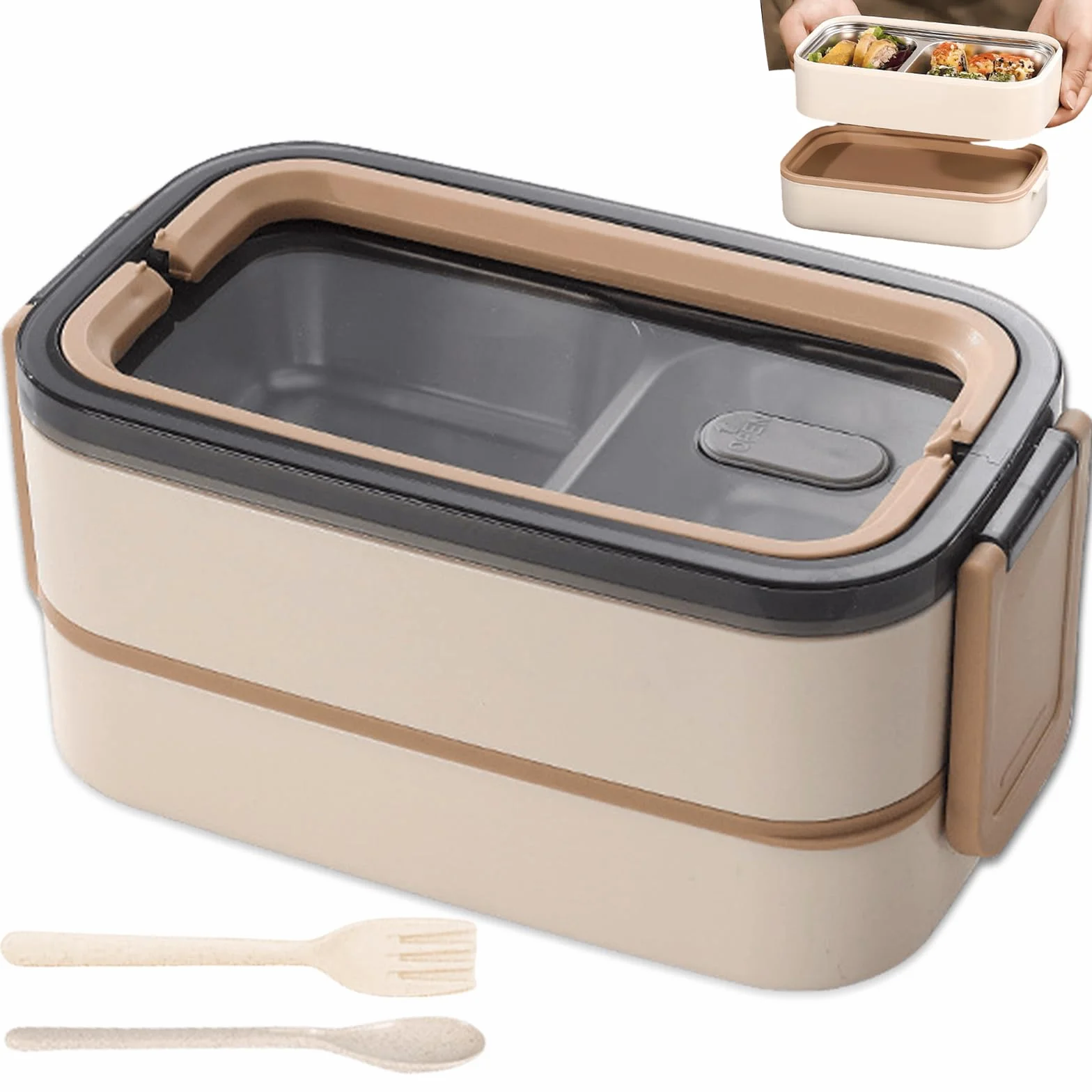 Contenitore per il pranzo, 1400 ml, con 2 ripiani, grande volume, a prova di perdite, in acciaio inox, ermetico, con set di posate, senza BPA, adatto al microonde