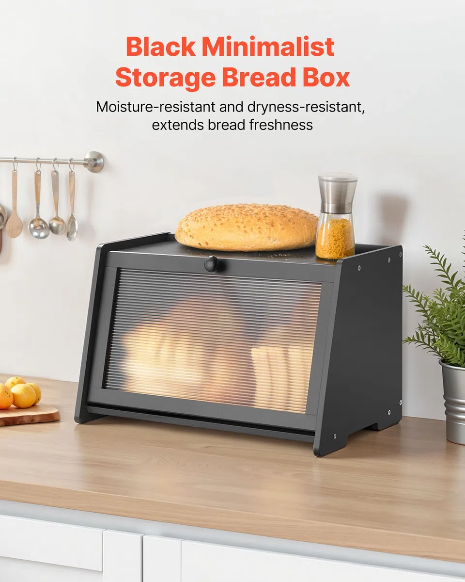 VEVOR Contenitore per Pane da Cucina 420 x 250 x 260 mm Contenitore per Pagnotta in Legno di Bambù per Pane Fatto in Casa, con Pannello Porta in Acrilico Ondulato, Forma di Trapezoidale, Nero