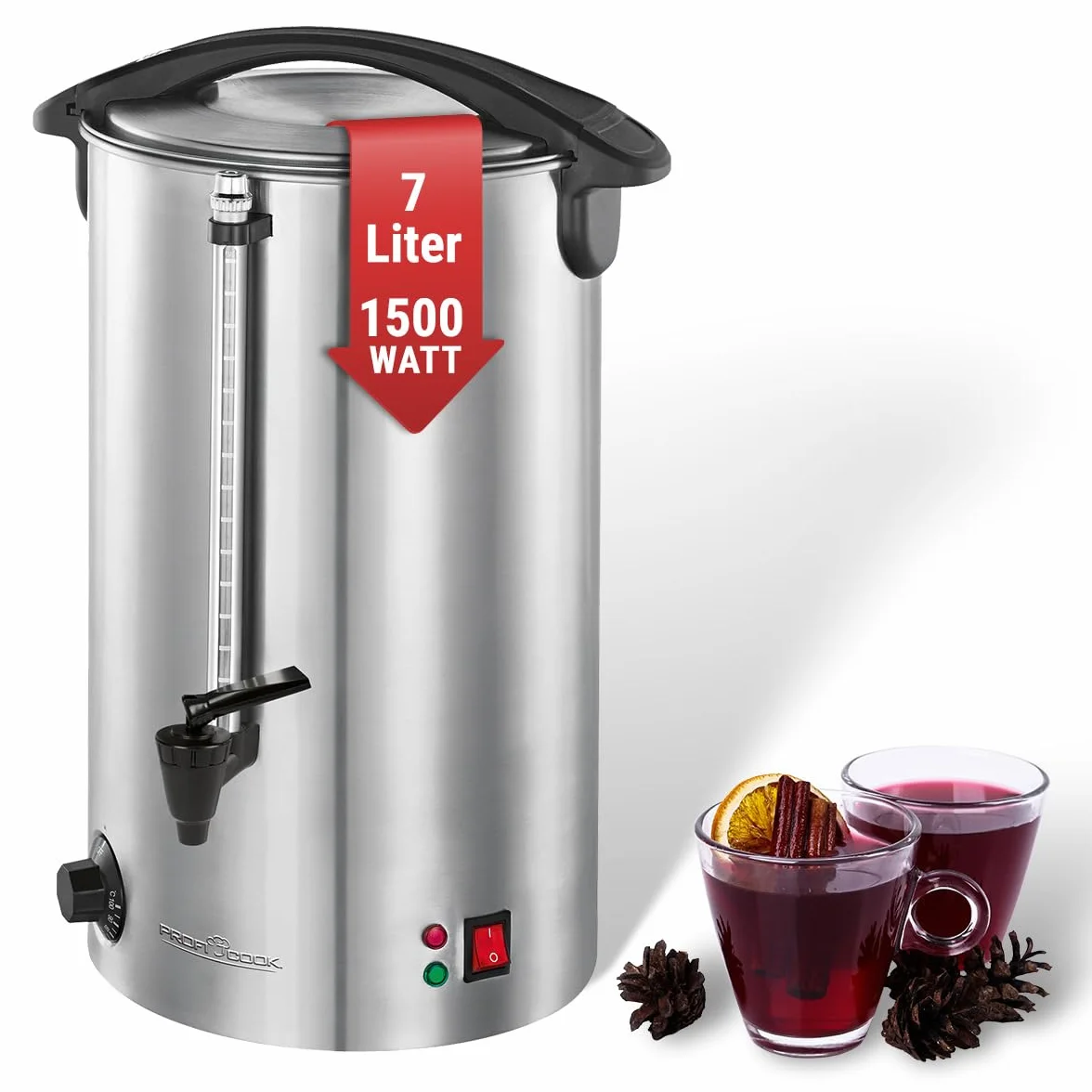 Macchina per bevande calde ProfiCook® con capacità del serbatoio di 7 litri | macchina per vin brulé con alloggiamento in acciaio inox di alta qualità | macchina per vin brulé,tè e caffè | PC-HGA 1196