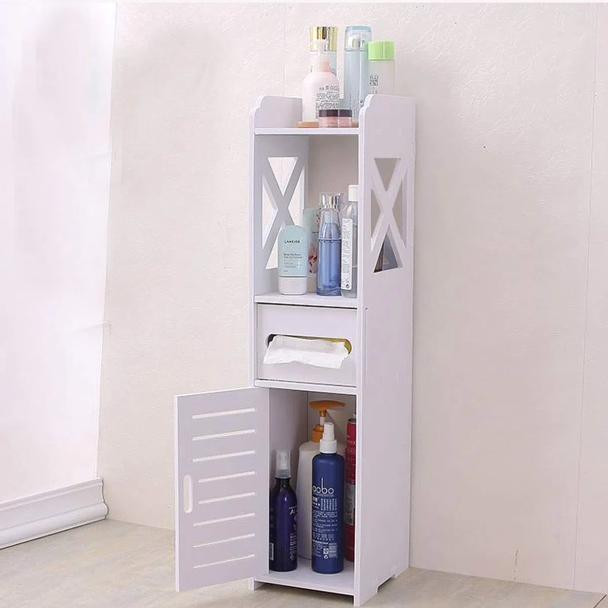 Armadietto da Bagno Salvaspazio 15x15x80cm, Mobile Bagno Stretto Impermeabile in PVC, Colonna Bagno Slim con Cassetto e Ripiani, Mobiletto Bagno Bianco per WC Cucina Camera