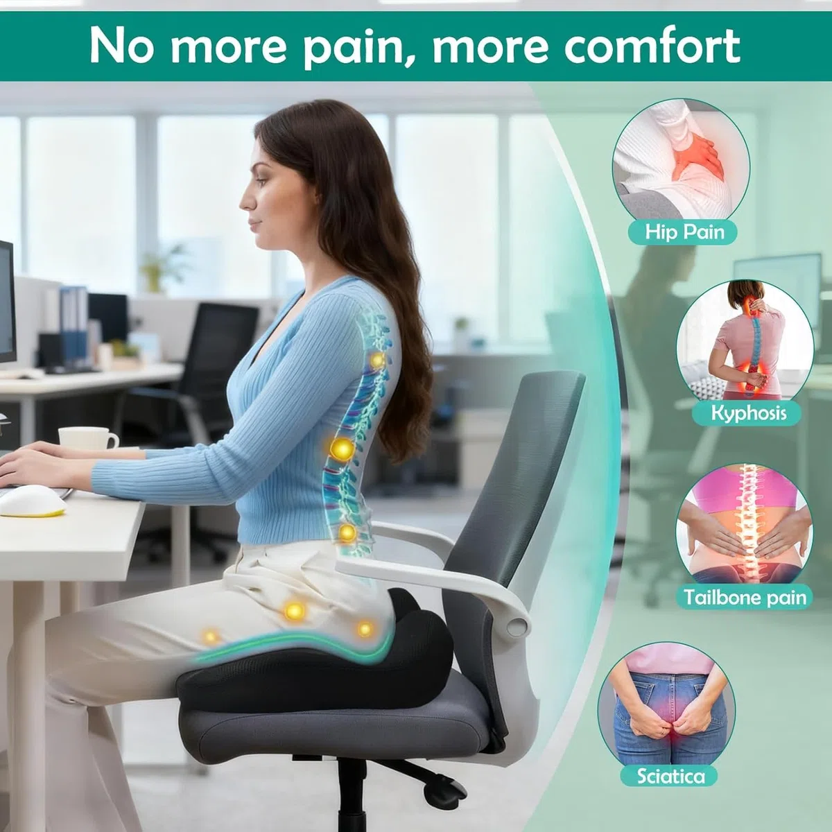 Cuscino Sedia Ufficio, Cuscino Ergonomico Memory Foam, Cuscino Ortopedico Seduta per Coccige, Allevia Sciatica e Dolori Lombari, Fodera Lavabile Antiscivolo, per Ufficio Casa Auto (Nero)